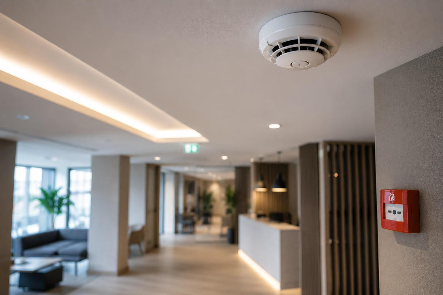 A ceiling smoke detector and a red manual call point in the reception of a modern office building